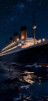 Majestic ocean liner against a starlit night sky on the sea.