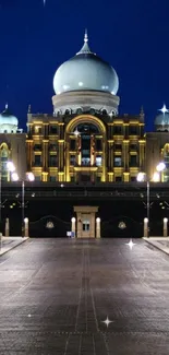 Illuminated palace at night under a dark blue sky.