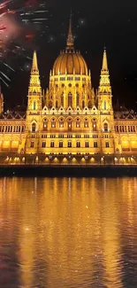 Majestic palace with fireworks and reflection at night.