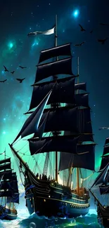 Majestic tall ships sailing under a starry night sky with bright stars.