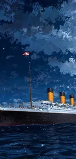 Majestic ship sails under a starry night sky with ocean reflections.