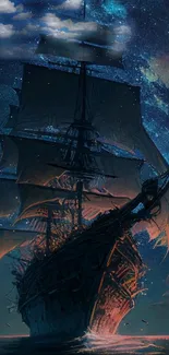 Majestic ship sailing under a starry night sky with glowing waves.