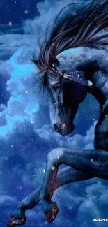 A majestic horse galloping in a starry night sky with clouds.