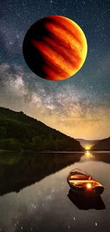 A fiery planet in a starry night sky above a calm lake reflecting its brilliance.