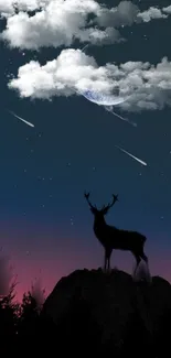 Majestic deer silhouette under a starry night sky with shooting stars.