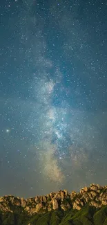 Starry night sky with Milky Way over mountains.