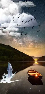 A surreal scene with a moonlit sky, dolphin, and boat on water.