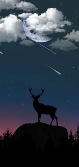 Majestic night sky with deer silhouette and bright stars.