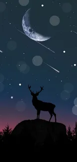 Deer silhouette in starry night with crescent moon and shooting stars.