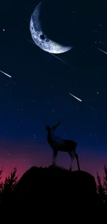 Night sky wallpaper with deer silhouette and moon.