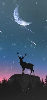 Silhouetted deer under a moonlit starry sky with shooting stars.