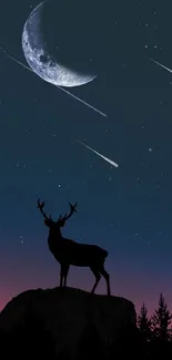 Deer silhouette under a starry night sky with a crescent moon and shooting stars.