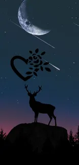 Silhouette of a deer under a night sky with moon and stars.