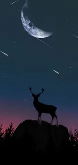 Silhouetted deer under a starry sky with crescent moon and shooting stars.