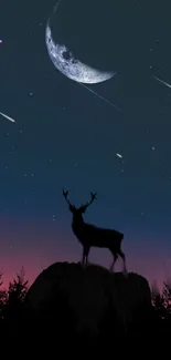 Majestic deer silhouetted against a night sky with a crescent moon and shooting stars.