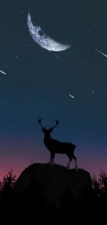 Deer silhouette under crescent moon in starry night sky.