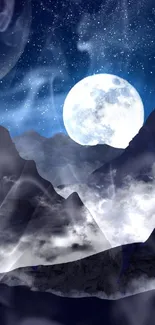 Full moon over misty mountains with stars in the night sky wallpaper.