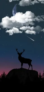 Silhouetted deer under a starry, clouded night sky with moon.