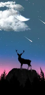 Silhouette of a deer under a starry night sky with moon and clouds.