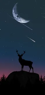 Silhouette of a deer with a moonlit night sky and shooting stars.