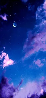 Majestic night sky with crescent moon and purple clouds.