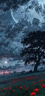 A serene night sky with a full moon, clouds, and a silhouetted tree.