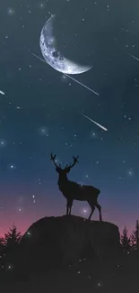 Majestic deer under a starry night sky with crescent moon and shooting stars.