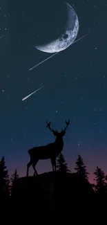 Silhouette of a deer under crescent moon and shooting stars in a dark forest.