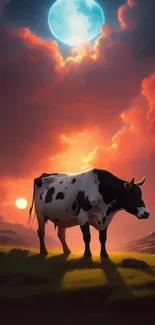 Cow stands against a vibrant red sunset with a glowing moon overhead.