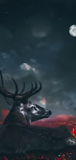 Majestic stag under moonlight with city lights in the background.