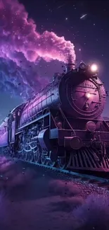 Vivid purple night train with steam, under a starry sky.