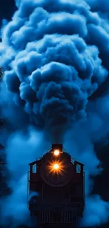 Blue steam train moves through mystical night clouds.