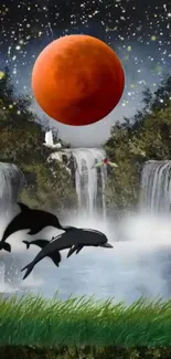 Dolphins swim under a red moon with waterfalls and starry night sky.