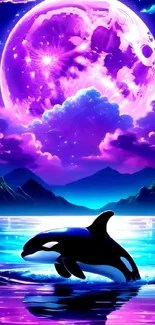 Fantasy whale jumping under a vivid purple night sky and moon.