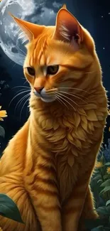 Orange cat at night with moon and flowers.
