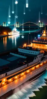 Nighttime cruise with illuminated ships and distant bridge over calm waters.