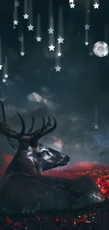 Majestic deer under night sky with city lights and moon.