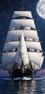 Tall ship sailing under a starry sky with a full moon.