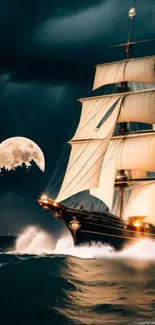 Ship sails under moonlight on a stormy ocean night.