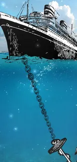 Artistic ocean liner with an anchor chain in serene blue waters.