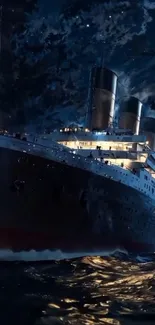 Majestic ocean liner sailing at night under a starry sky.