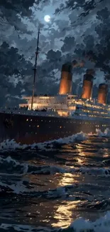 Majestic ocean liner sailing under a moonlit sky.