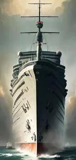 Majestic ocean liner navigating through sea with dramatic clouds overhead.