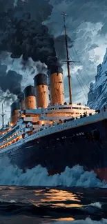 Ocean liner navigating icy waters with dramatic skies in background.