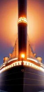 Luxury ocean liner cruising at sunset with golden hues.