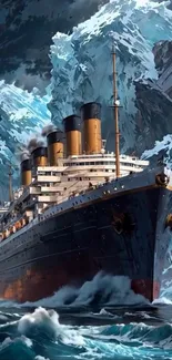 Majestic ocean liner surrounded by icy waters.