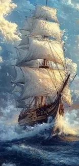 Majestic sailing ship navigating ocean waves in artistic depiction.