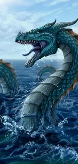 Majestic ocean serpent surges through vibrant blue sea waves.