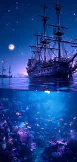 Ship sailing on ocean at night with vibrant underwater scene.