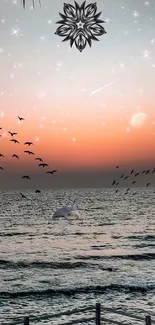 Ocean sunset wallpaper with birds and stars, featuring a tranquil seascape.